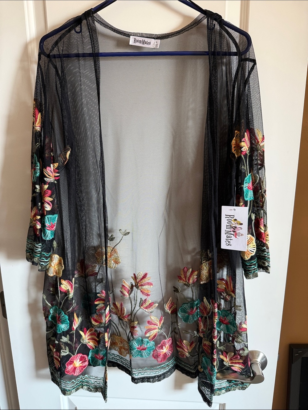 Roommates Black Sheer Kimono with Multicolor Floral Pattern